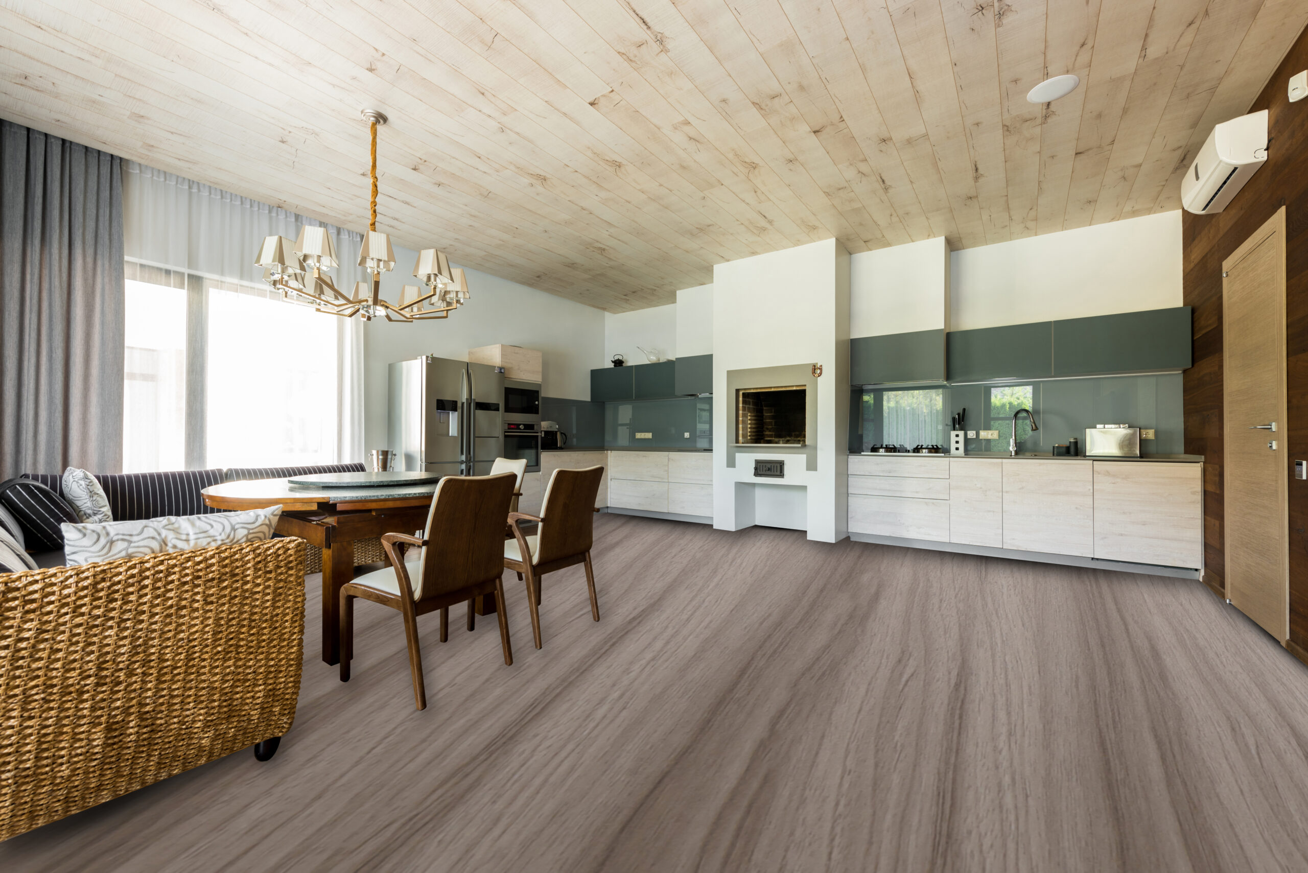 interior view of stylish empty kitchen and dining room
