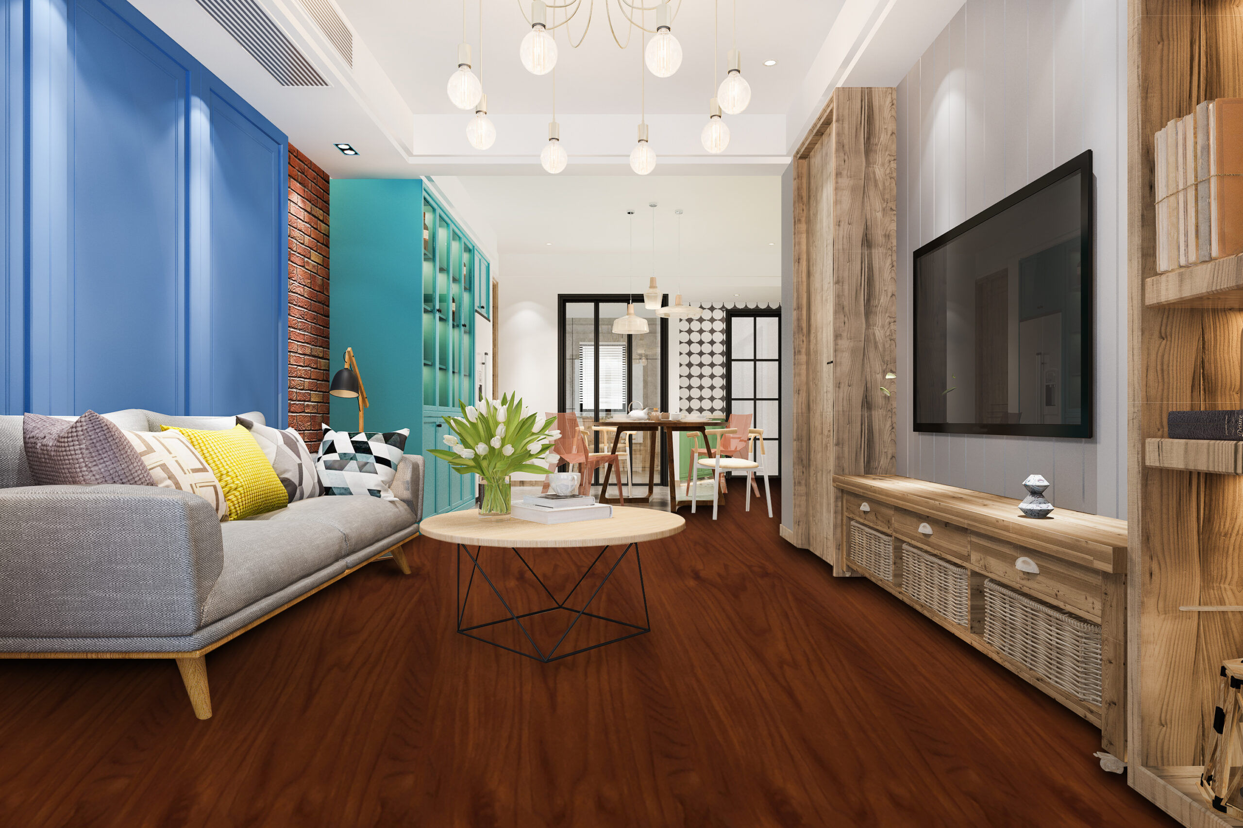 3d rendering modern dining room and living room with luxury decor and green sofa