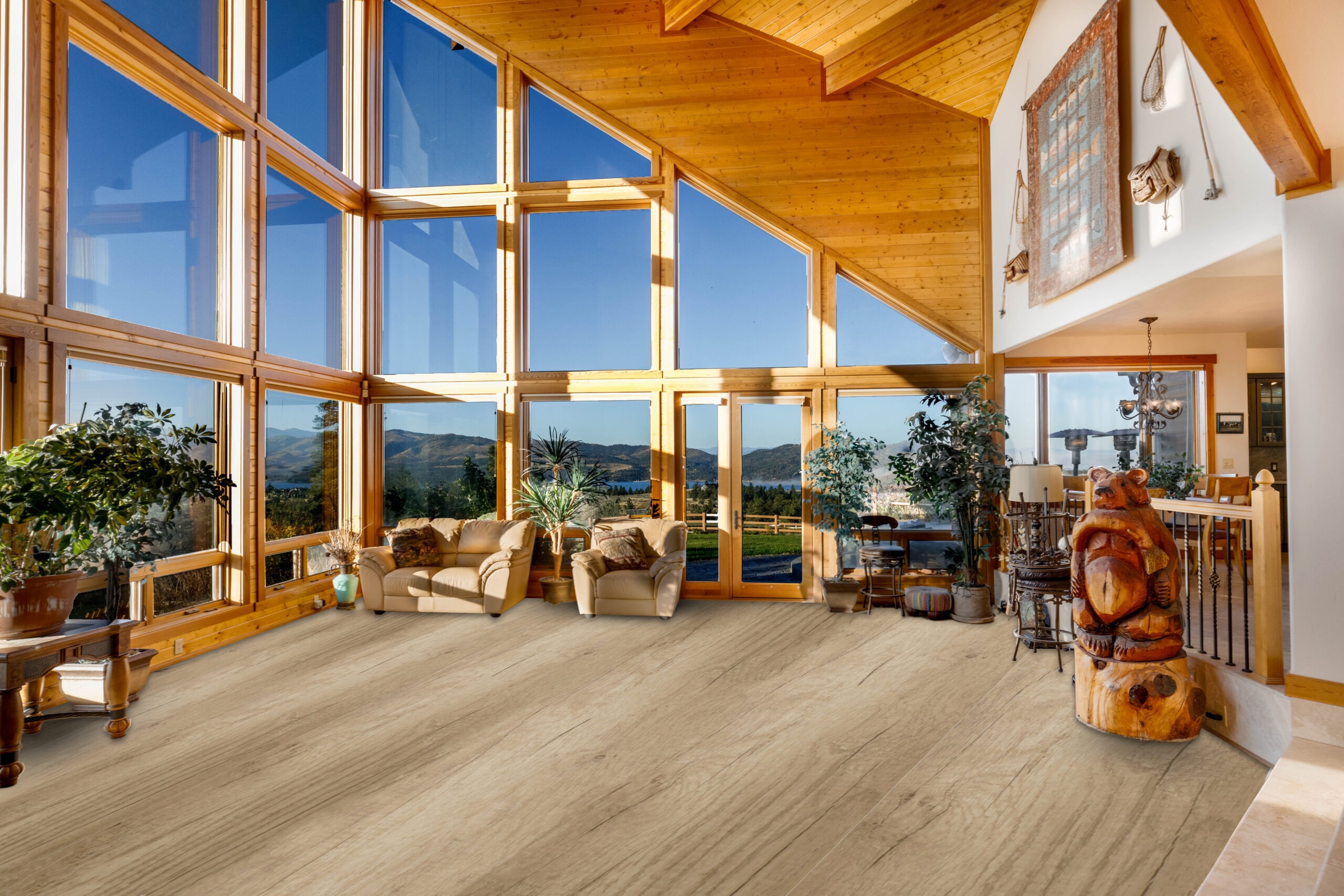This image features a stunning interior decor with a wooden floor and furniture, creating a warm, inviting atmosphere